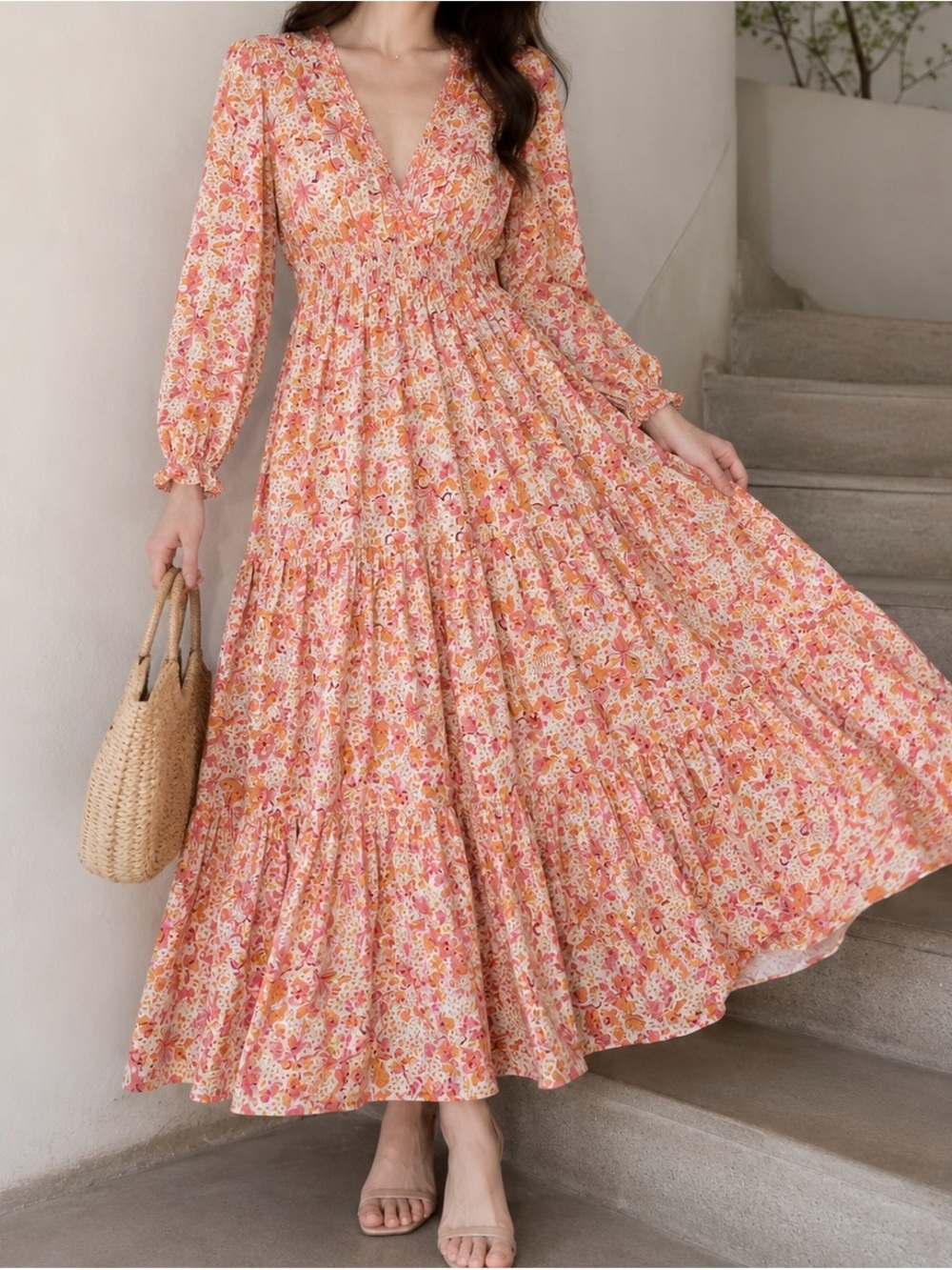 Johnny Was Pink and Orange Floral V‑Neck Maxi Dress, sz XS